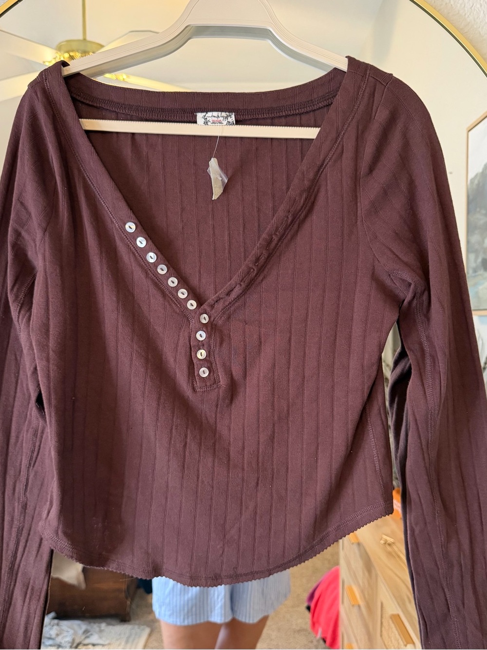 Free People Ribbed Henley Long Sleeve Top - Deep Brown